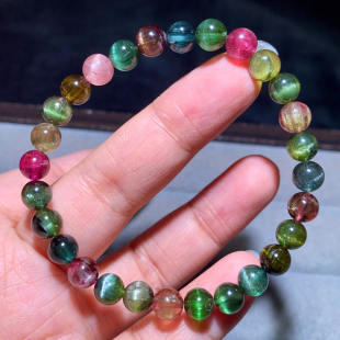 天然老矿西瓜彩猫眼碧玺巴西祖母绿手链水晶手串一物一图送礼物女