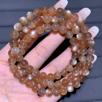 天然奶茶色月光石三圈手链款橙银