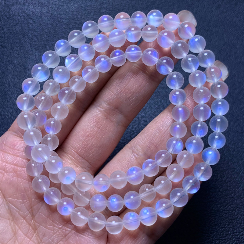 天然蓝月光三圈手链冰种蓝光奶油体蓝水晶情侣饰品送生日礼物男女