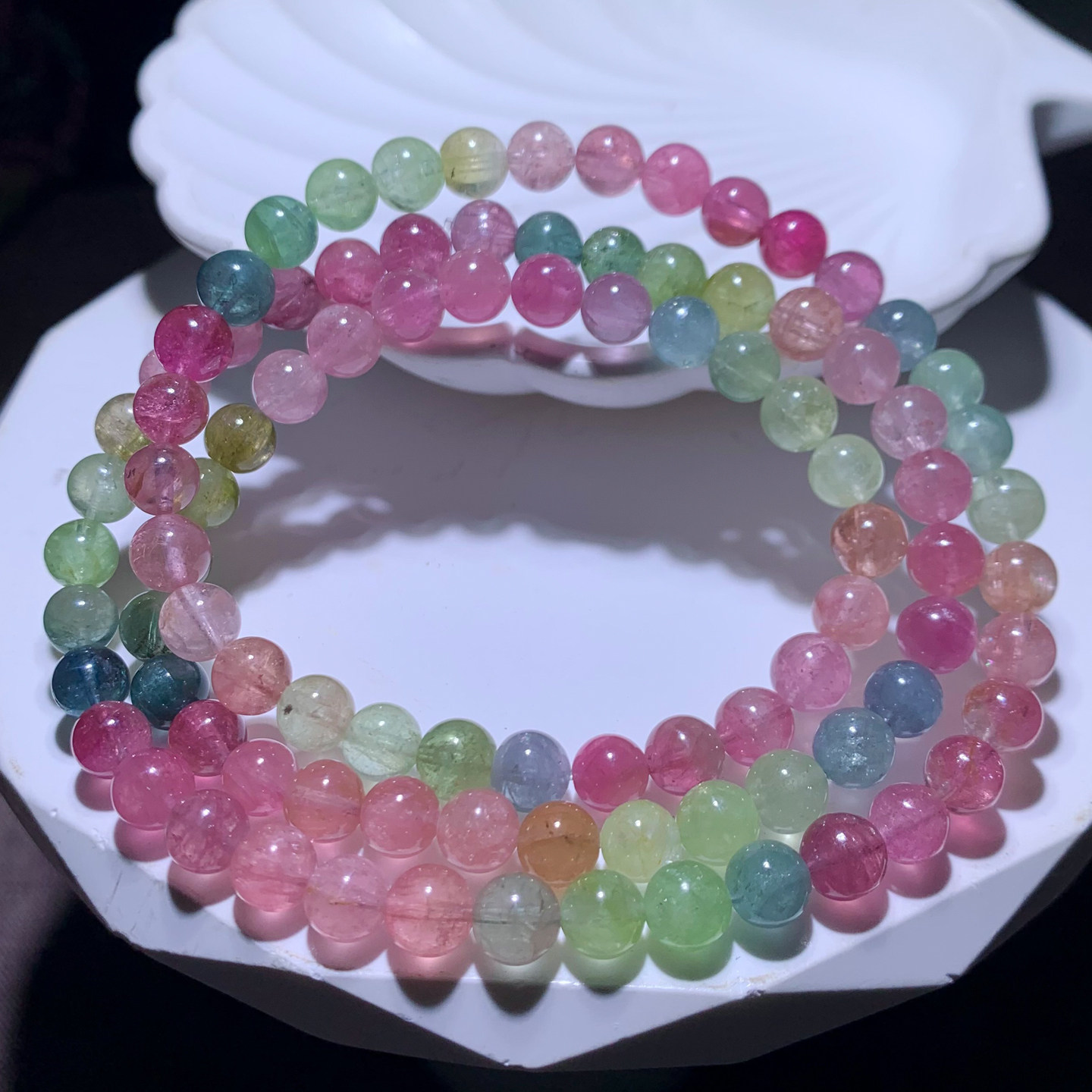 天然彩虹碧玺三圈手链巴西渐变糖果色水晶佛珠手串情侣百搭饰品女