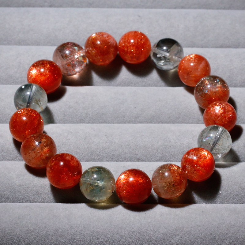 天然阿鲁沙长石单圈手链绿柱石金太阳石日光石水晶饰品手串送女生