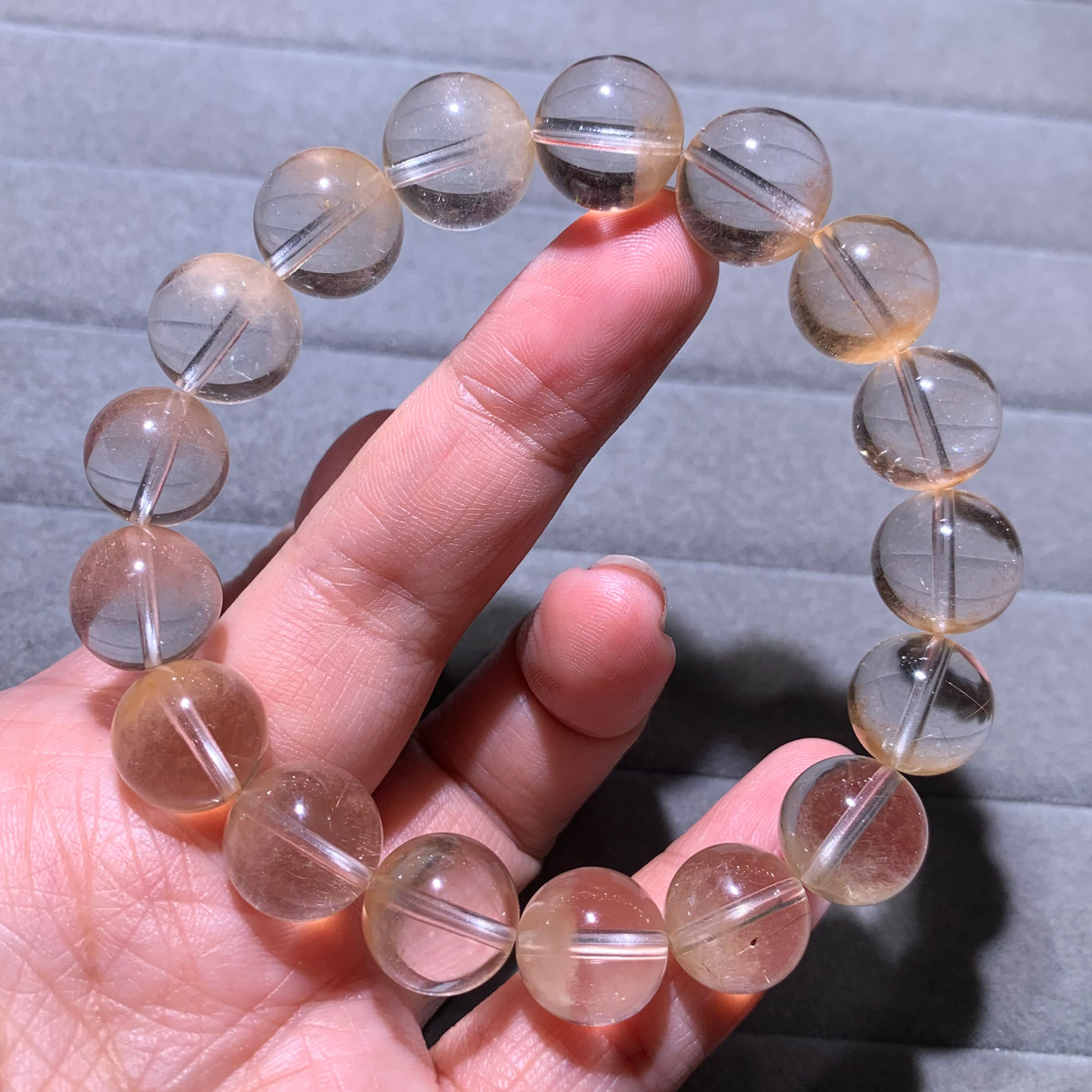 天然冰透粉橘色兔毛半盆水晶手链