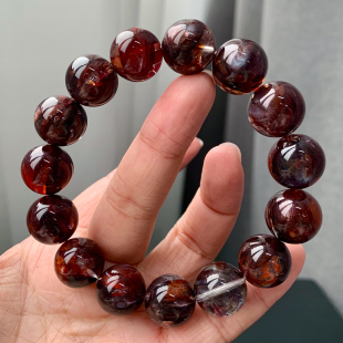 天然牛血红色胶花水晶手链巴西红幽灵红鸩羽矿种手串饰品礼物男女