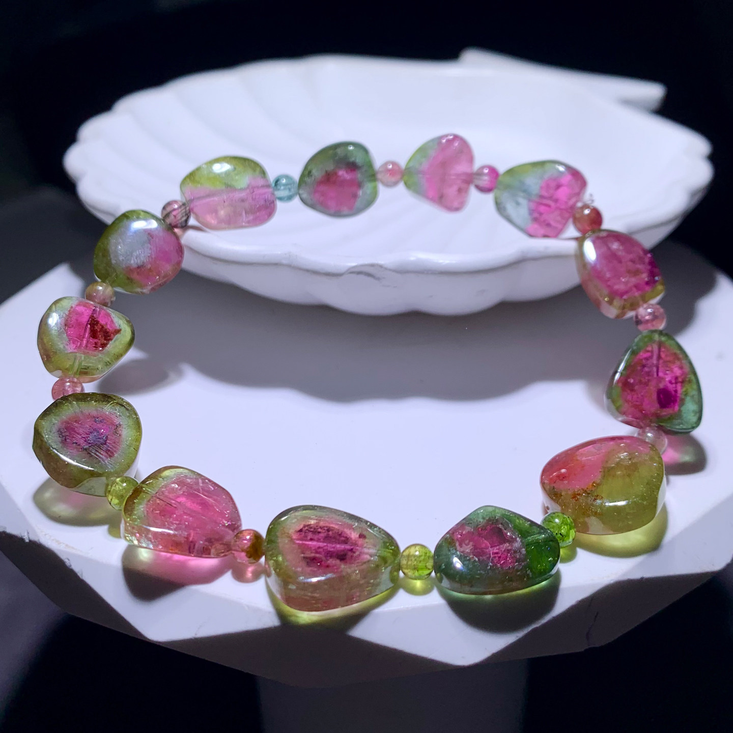 天然西瓜碧玺随形手串双色溏心原石切割手链水晶百搭饰品礼物情侣