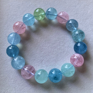 天然冰种摩根石单圈手链佛珠渐变绿柱石海蓝宝水晶手串饰品礼物女