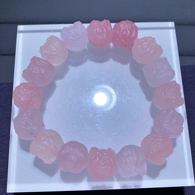天然醒狮造型磨砂粉晶手链粉水晶冰种莫桑比克芙蓉石手串送礼物女