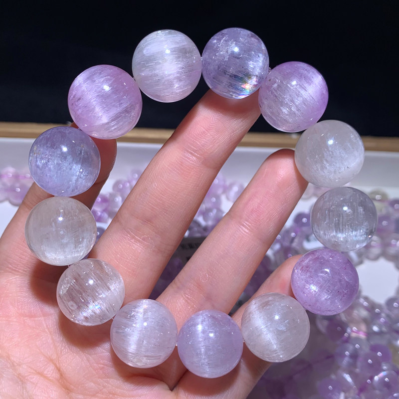 天然老矿猫眼紫锂辉拉丝单圈手链饰品紫色宝石薰衣草手串一物一图