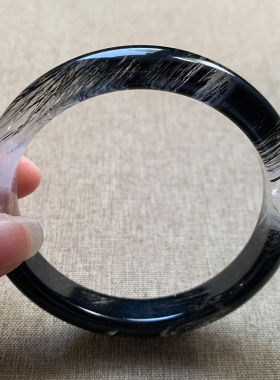 天然顺发黑发晶手镯透体浓密巴西