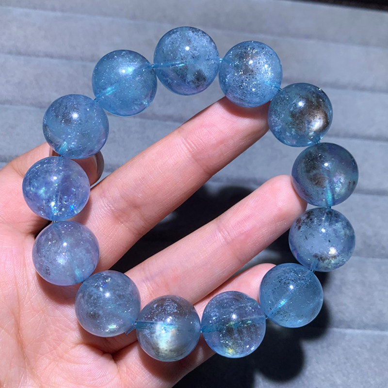 天然巴西黑闪星光海蓝宝手串送女