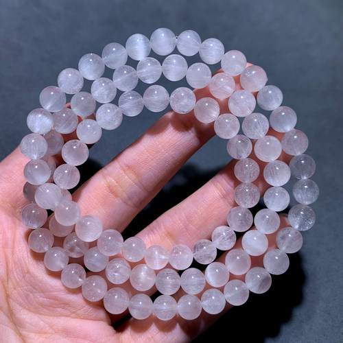 天然拉丝白兔毛水晶三圈手链冰透