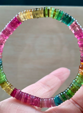 天然巴西彩虹碧玺盘珠手链老矿女