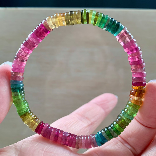 天然巴西彩虹碧玺盘珠手链老矿女