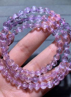 天然冰透锂辉石三圈手链紫色佛珠猫眼水晶饰品薰衣草送礼物男女生