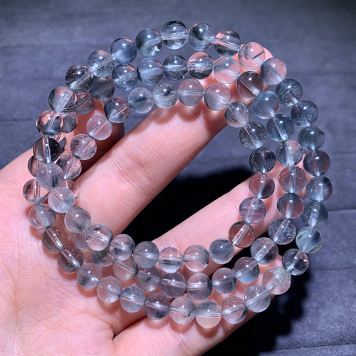 天然莹润灰蓝发晶三圈水晶手链女