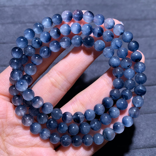 天然莹润蓝兔毛三圈水晶手链饰品