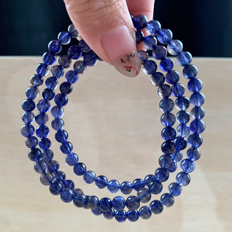 天然冰透堇青石三圈手串蓝水晶佛珠坦桑石蓝晶类青晶石手链情侣款