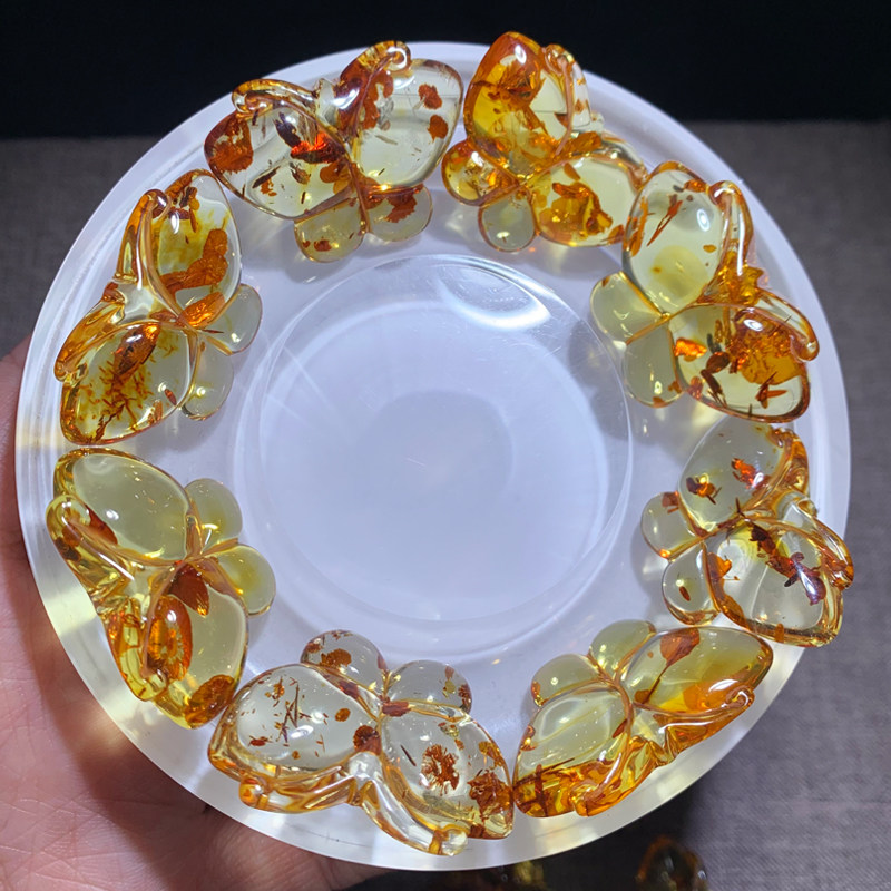 天然花珀蝴蝶配件蜜蜡琥珀植物花珀饰品配饰俄料串珠手链项链吊坠