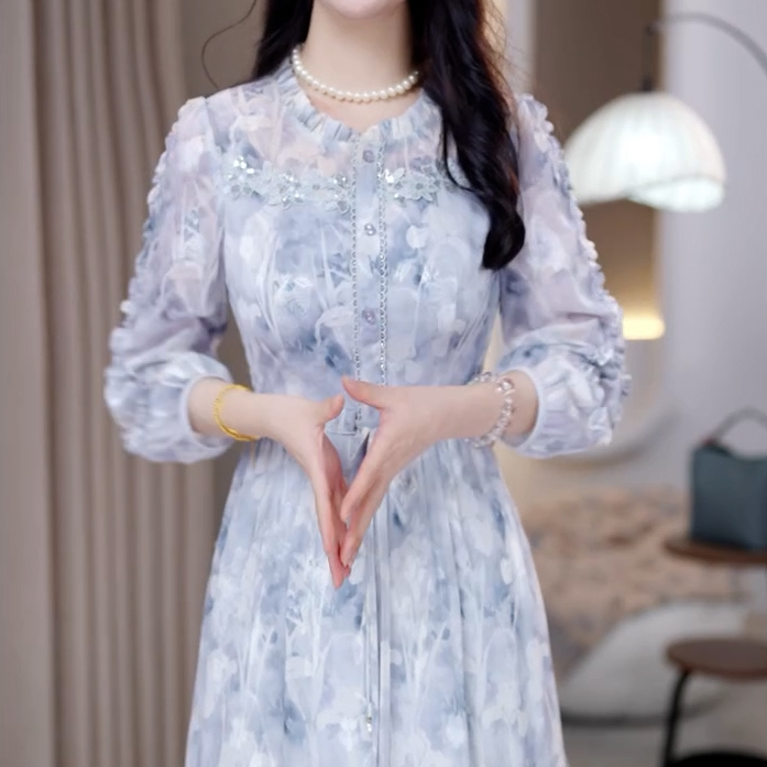 广州十三行印花短袖连衣裙女2026夏季新款女神范妈妈薄款收腰裙子