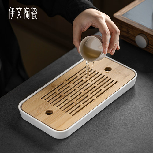 竹面陶瓷底小型储水茶盘