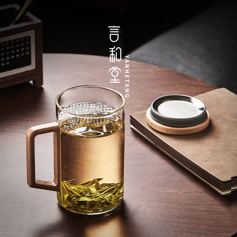 玻璃带把月牙杯办公过滤茶杯