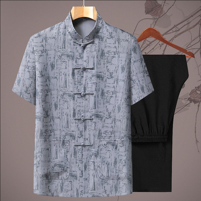 唐装男冰丝短袖衬衣中老年爸爸装