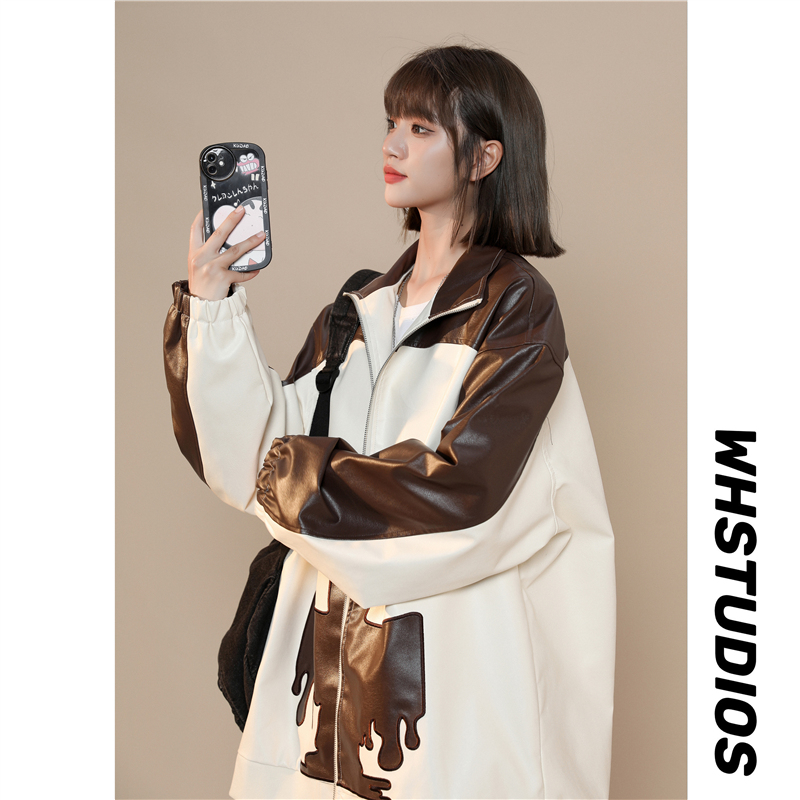 Giacche in pelle larghe da donna autunnali, top da motociclista, ricamate JK161-P95_voghion.com