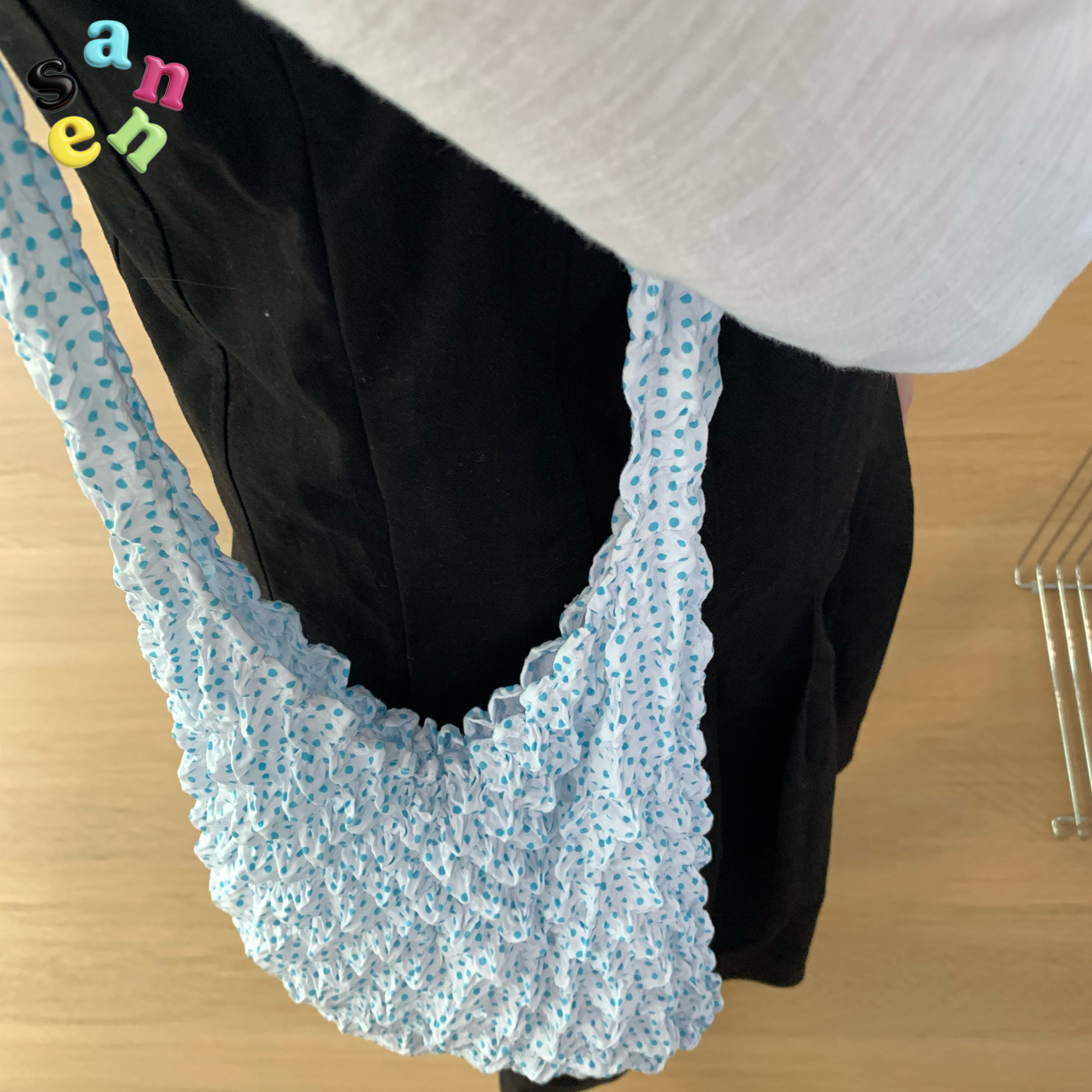 SANNE白蓝色波点包包韩系ins可爱慵懒风帆布包袋单肩托特包大容量