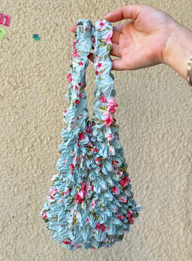 SANNE碎花手提包魔术泡泡包伸缩包皱褶包大容量网红帆布包环保包