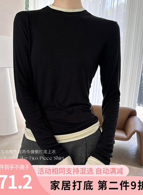 SISTERS姐妹秋冬绵羊毛撞色假两件小圆领慵懒打底上衣修身微宽松