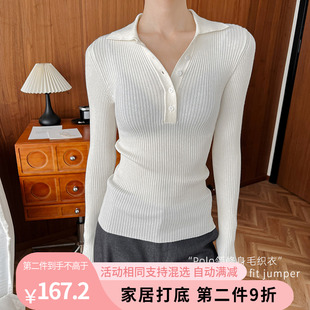 SISTERS姐妹秋冬Polo领毛织立体感坑条螺纹羊毛混纺修身打底毛衣