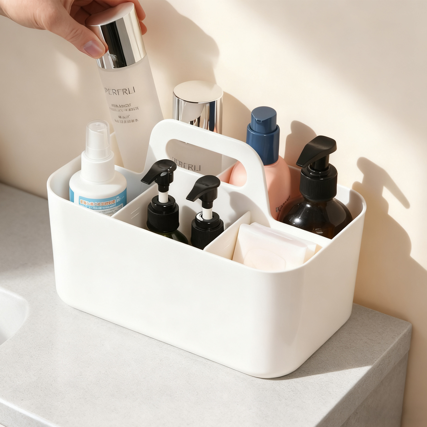卫生间洗手台收纳盒带提手分格