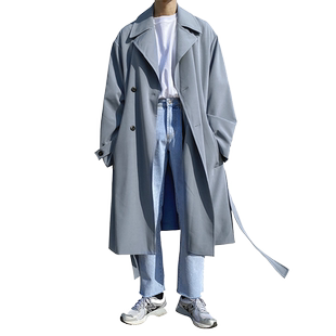 碧舍过膝蓝色长款风衣男百搭帅气春季男士初秋港风大衣宽松休闲潮