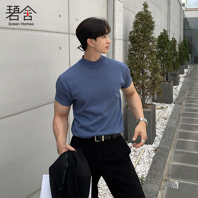 碧舍半高领针织T恤短袖男士纯色