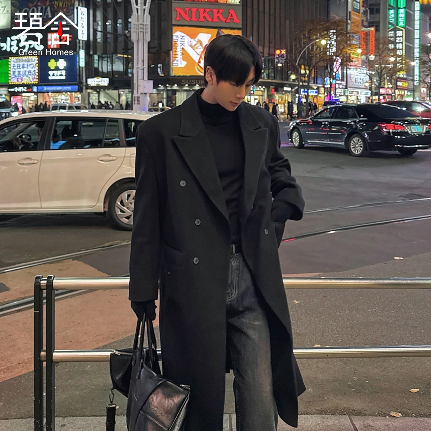 韩版休闲宽松双排扣毛呢大衣