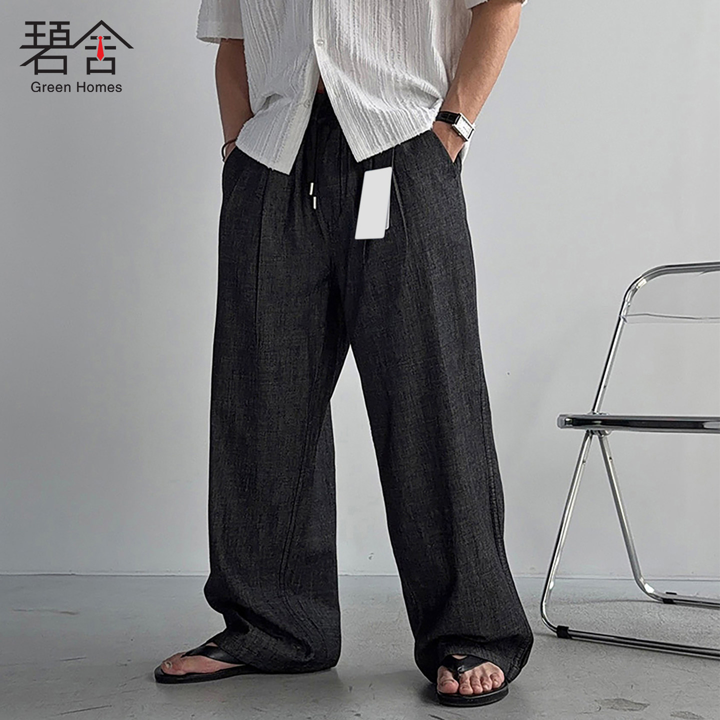 碧舍韩版男士新款牛仔布薄款休闲长裤直筒宽松版型系绳松紧腰裤子
