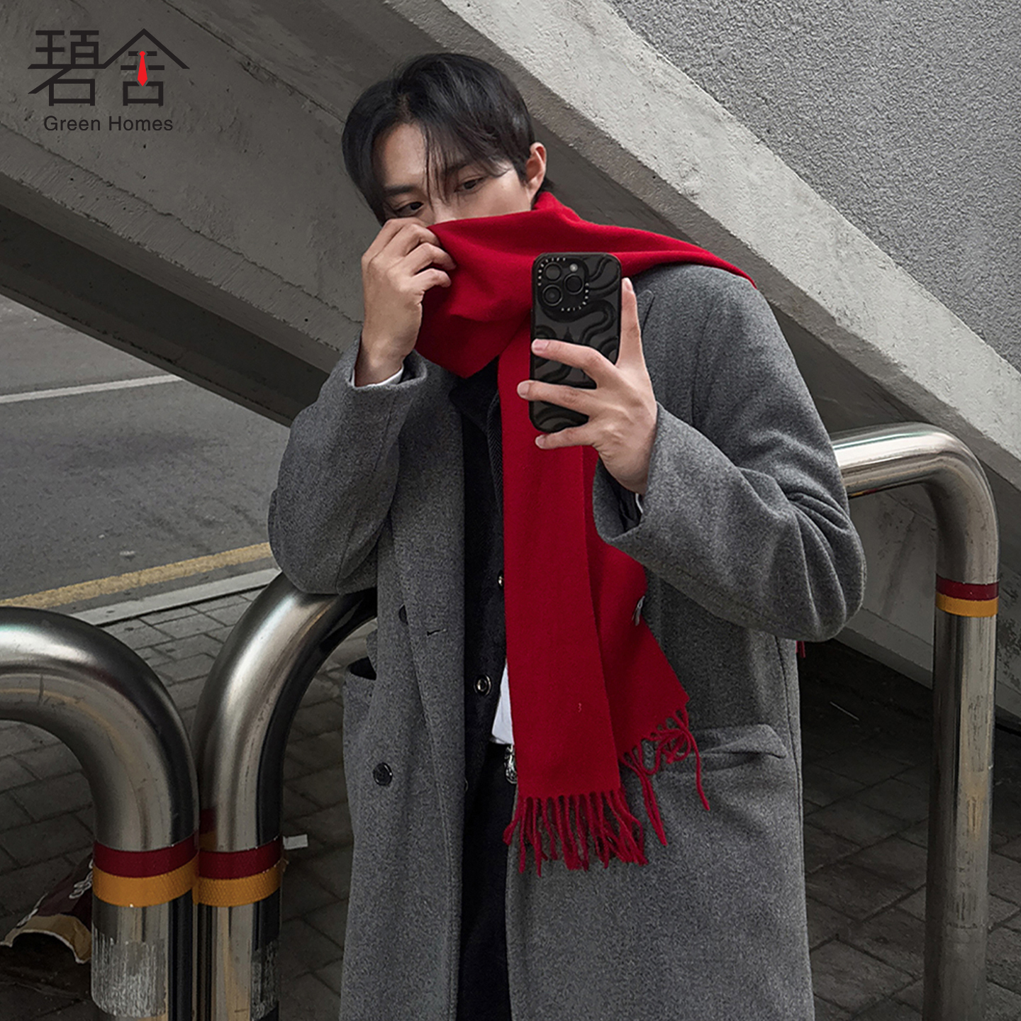 韩版简约男士灰色潮流毛呢大衣