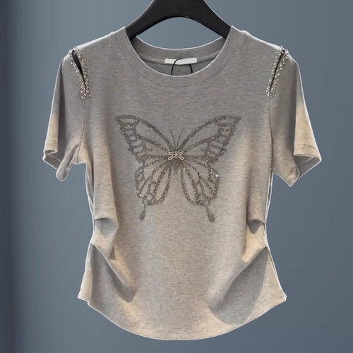 夏季新款大码灰色露肩短袖T恤女镶钻蝴蝶捏褶设计感显瘦上衣体恤