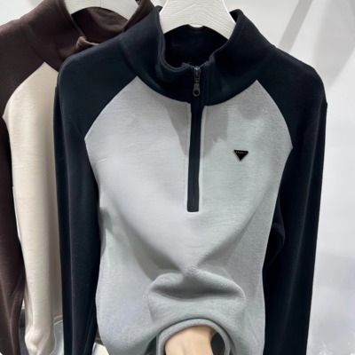 德绒立领卫衣女2025春秋新款时尚撞色拼接设计感休闲长袖百搭上衣