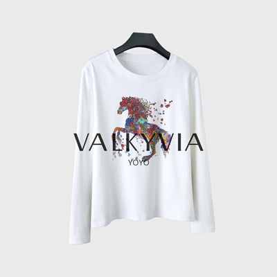 【Valkyvia/悠悠奢品】时尚重工小马烫钻长袖T恤女印花休闲上衣