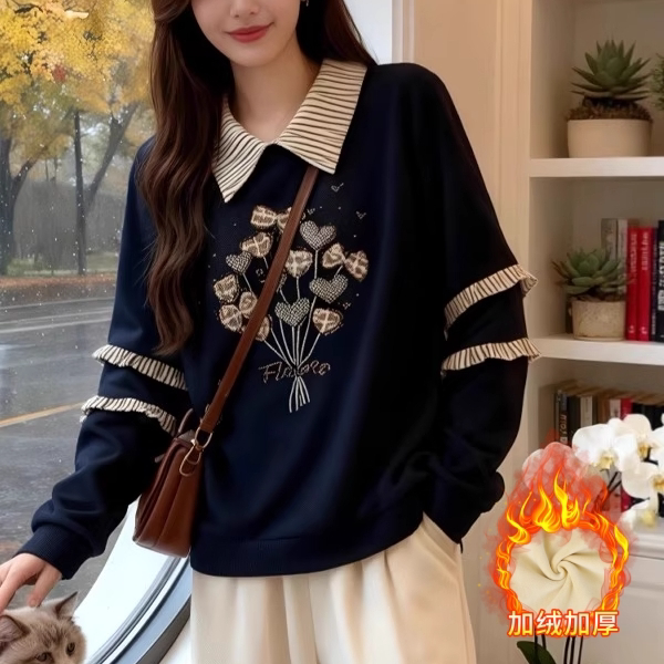 加绒加厚假两件娃娃领卫衣女2025冬季新款胖妹妹宽松显瘦保暖上衣