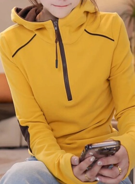 2025秋冬德绒保暖打底衫女连帽洋气半拉链拼色长袖女显瘦气质上衣