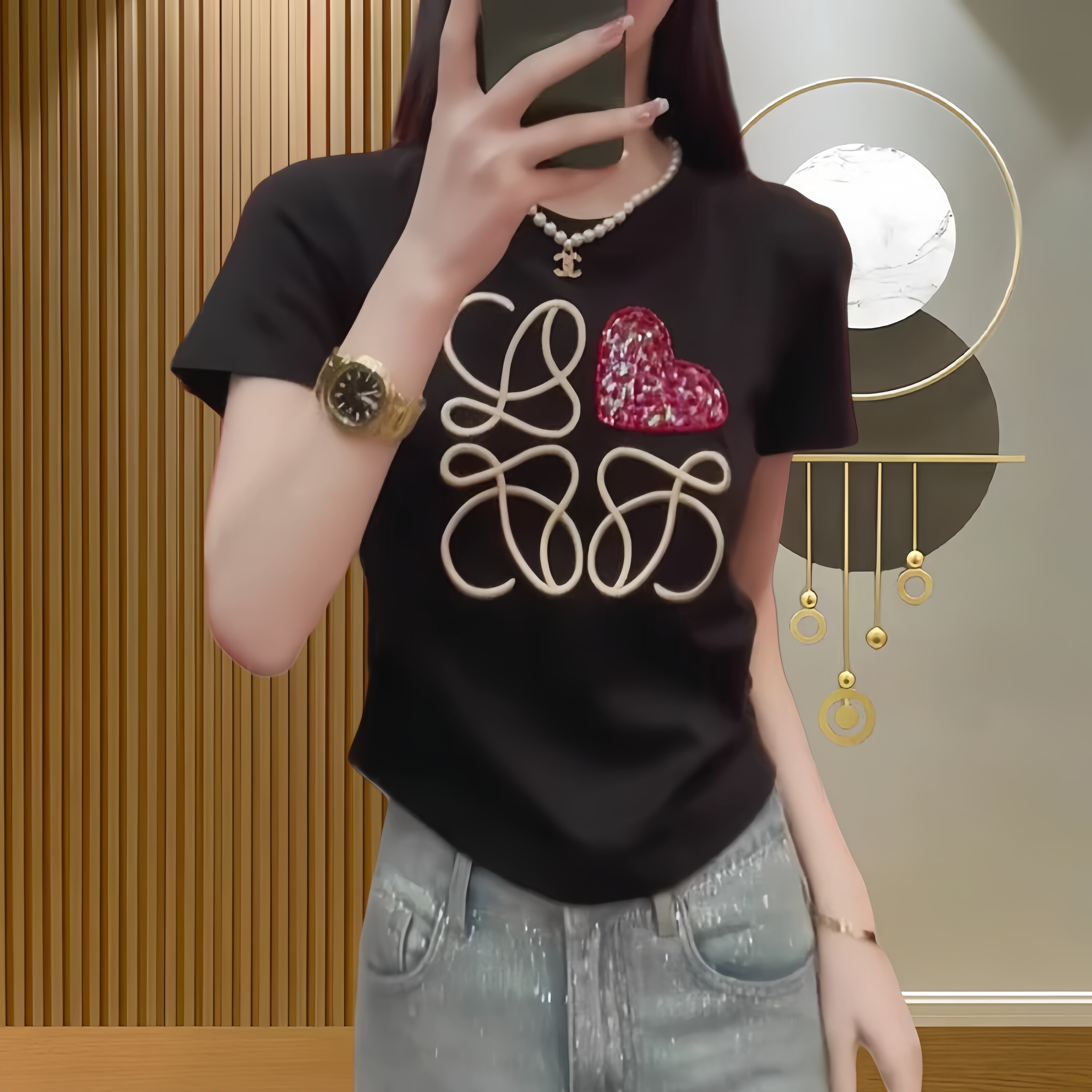 2025夏季新款优质纯棉爱心刺绣捏褶短袖T恤女装时尚气质正肩上衣