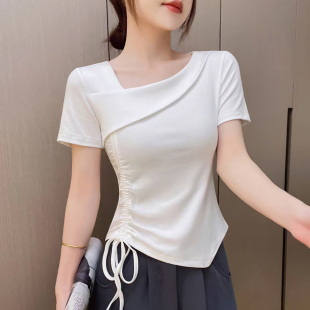 时尚韩版斜领抽绳修身短袖T恤女2026年夏季修身减龄显瘦百搭上衣