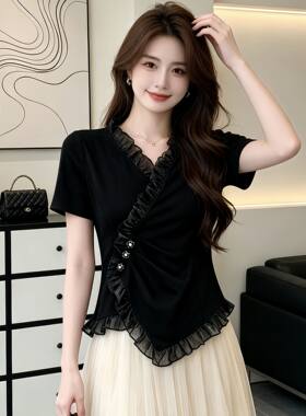 2026夏季新款荷叶边女士短袖T恤女洋气小衫百搭V领交叉百搭上衣女