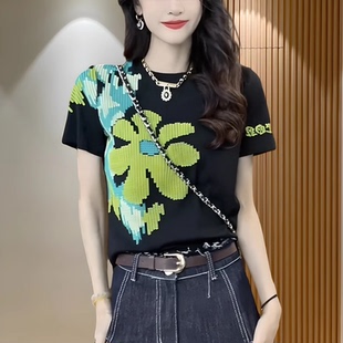 时尚 短袖 印花发泡设计款 t恤女2024夏季 洋气显瘦休闲百搭上衣 新款