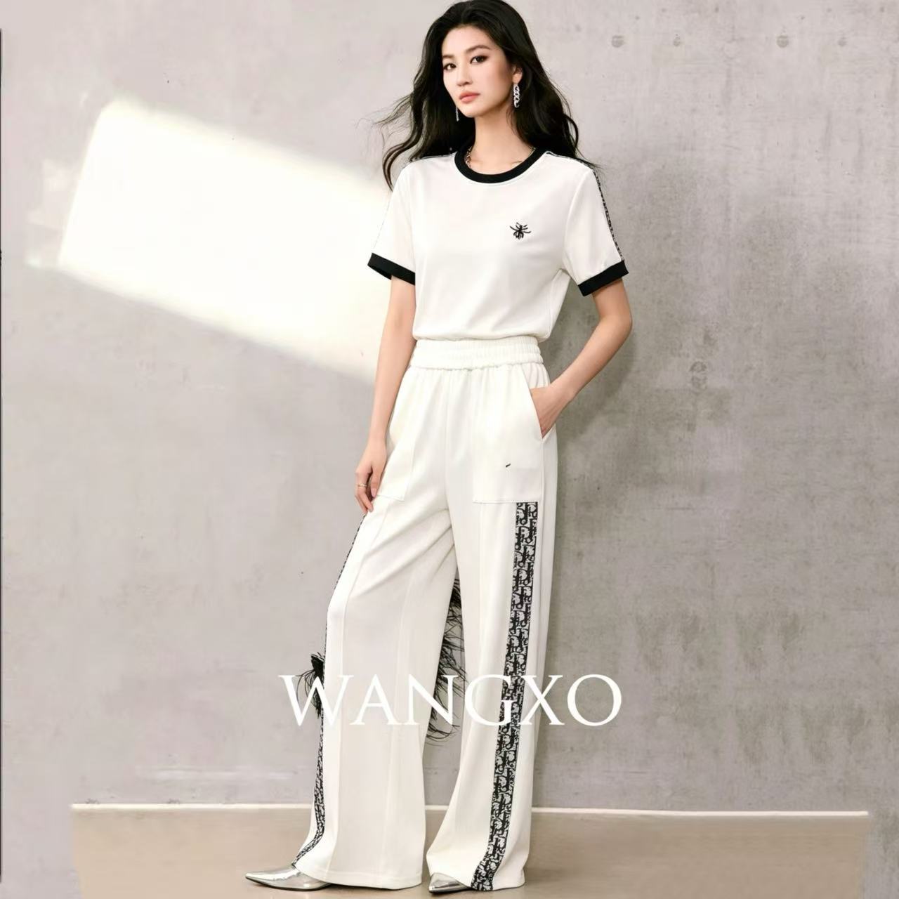 【恩佳专享】时尚休闲套装女2026夏季新款重工织带刺绣两件套6055