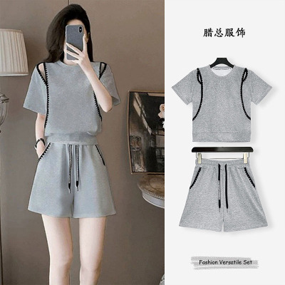 2025夏季新款花边领露肩休闲运动套装女气质显瘦短袖短裤两件套女