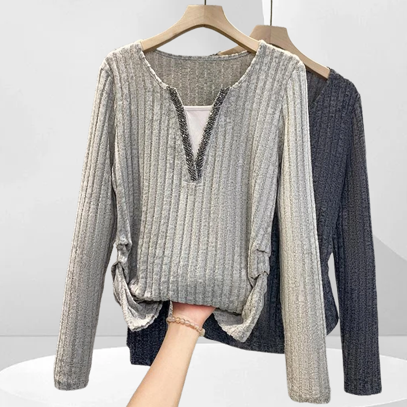 秋季新款修身正肩打底衫女百搭拼接假两件V领设计感螺纹长袖上衣
