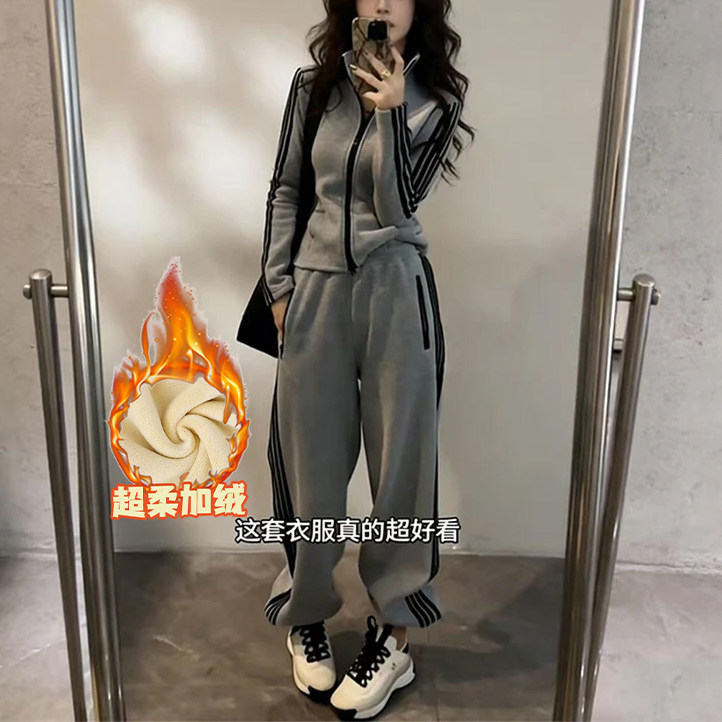 冬装一整套加绒加厚韩系慵懒套装女休闲运动立领外套束脚裤两件套