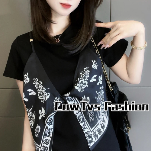 重工假两件纯棉短袖T恤女2025夏季新款气质修身显瘦设计感上衣女